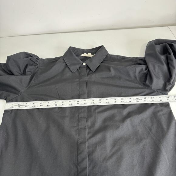 Wishing Waves Belted Shirt Dress Womens Large Black Poplin Mini Ruffle Hem - Picture 10 of 15